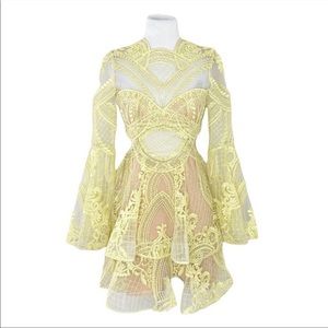 THURLEY Yellow Chameleon Mesh Lace Cut Out Fit & Flare Dress
